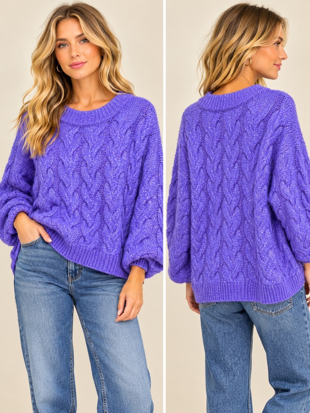 Zara Lavender Cable Knit Crewneck Sweater